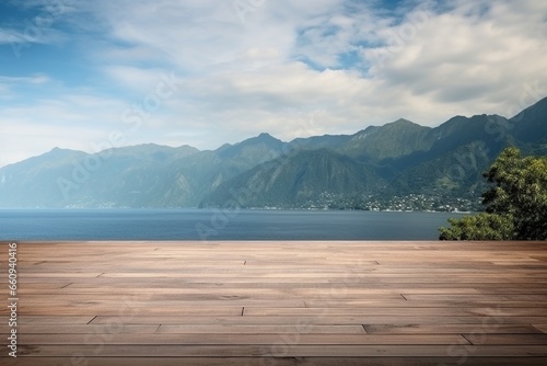 Empty Wooden Floor for Product Display with Scenic Sea and Mountain Background © Cyprien Fonseca