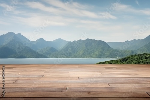 Empty Wooden Floor for Product Display with Scenic Sea and Mountain Background © Cyprien Fonseca