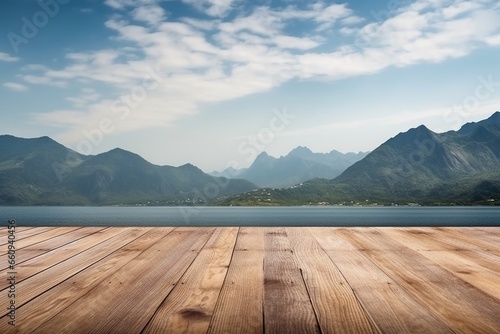 Empty Wooden Floor for Product Display with Scenic Sea and Mountain Background