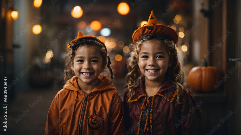 Two joyous girls celebrating Halloween in witch costumes. Generative AI. Two joyous girls celebrating Halloween in witch costumes. Generative AI.
