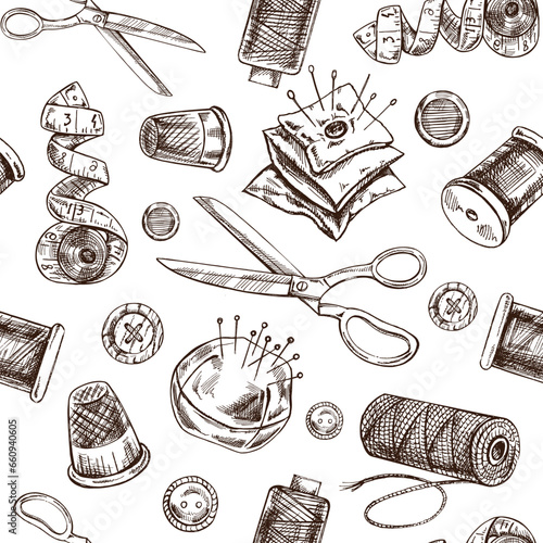 Seamless pattern of hand drawn sewing elements. Vector illustrations in sketch style. Handmade, sewing equipment concept in vintage doodle style. Engraving style.