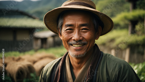 A traditional Asian farmer in a rural village. Generative AI.