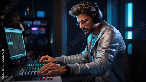 Portrait of Audio Engineer Working in Music Recording Studio, Uses Mixing Board Create Modern Sound.