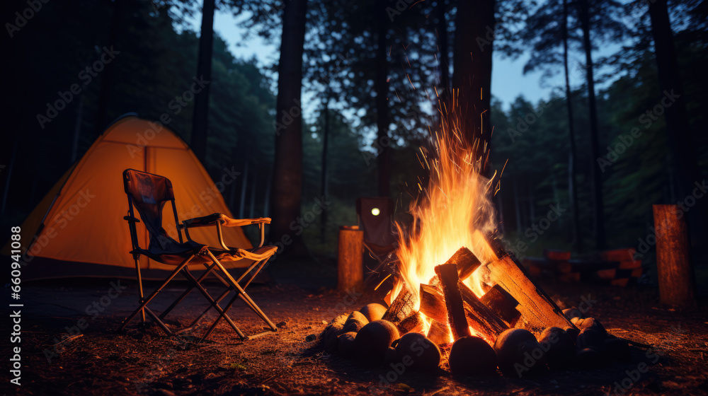 Burning fire next to the tent at night in the countryside