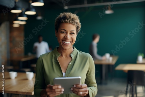 Half-length portrait of a cheerful African businesswoman in casual wear holding a mobile phone, smiling black woman 40-50 years old, satisfied with office work using smartphone photo