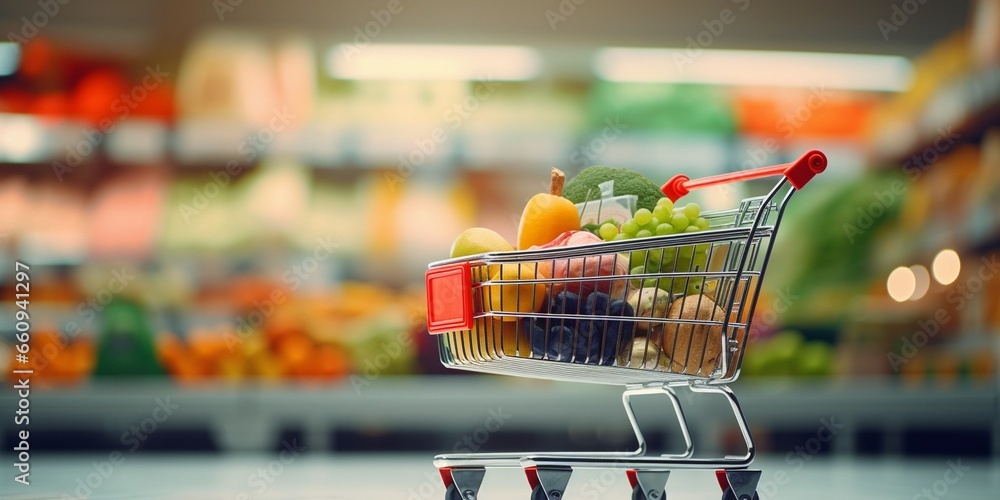 Shopping cart filled with food and drinks and supermarket shelves in the background, grocery shopping concept : Generative AI
