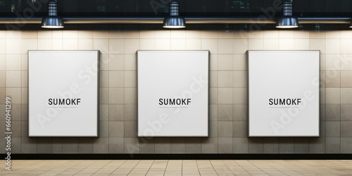 Two indoor outdoor city light mall shop template. Blank billboard mock up in a subway station, underground interior. Urban light box inside advertisement metro airport vertical. : Generative AI