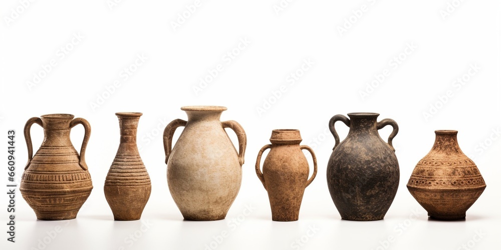 Antique ceramic decorative amphora on a white background. Clay jugs and a pot, a set of ancient utensils for drinking wine, water or milk. : Generative AI - obrazy, fototapety, plakaty 