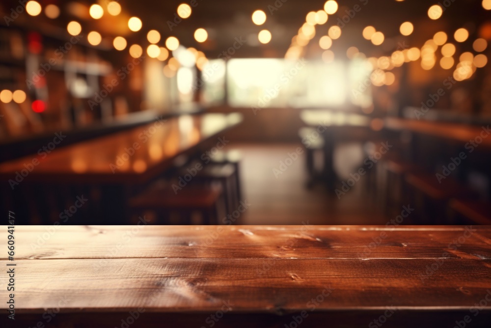 Empty Wooden Round Table with Blurred Pub or Bar Background and Bokeh Lights