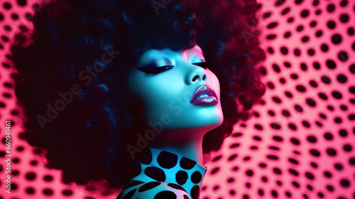 Fashion retro futuristic girl on background with future extravagant or pop art background. Surrealistic 60s-70s disco club culture life style