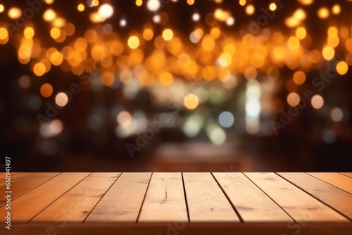 Empty Wooden Round Table with Blurred Pub or Bar Background and Bokeh Lights