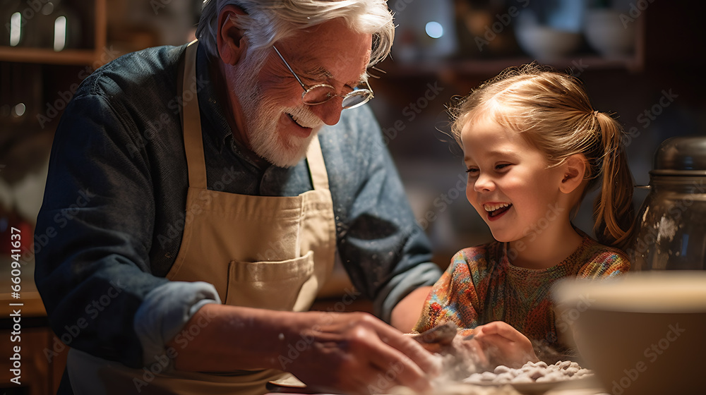 Grandpa and his granddaughter are making cookie dough in the kitchen.Created with Generative AI technology.