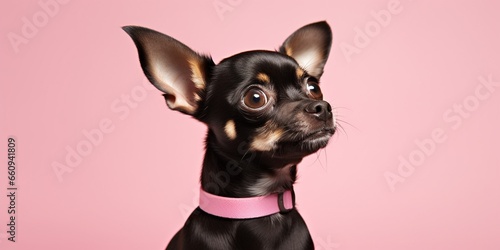 studio portrait of black and brown chihuahua dog looking forward and standing against a pink background : Generative AI