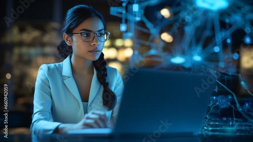 Indian Businesswoman working on laptop computer in technology research data room