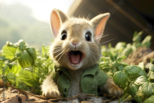 cute small surprised rabbit in green grass photo