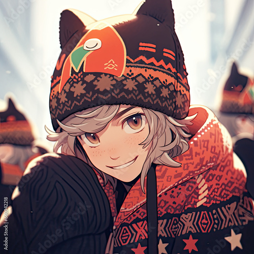 Winter anime cat boy with warm winter beanie toque photo