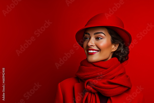 Happy woman with red scarf and hat with copy space for text on a red background. © leo_nik