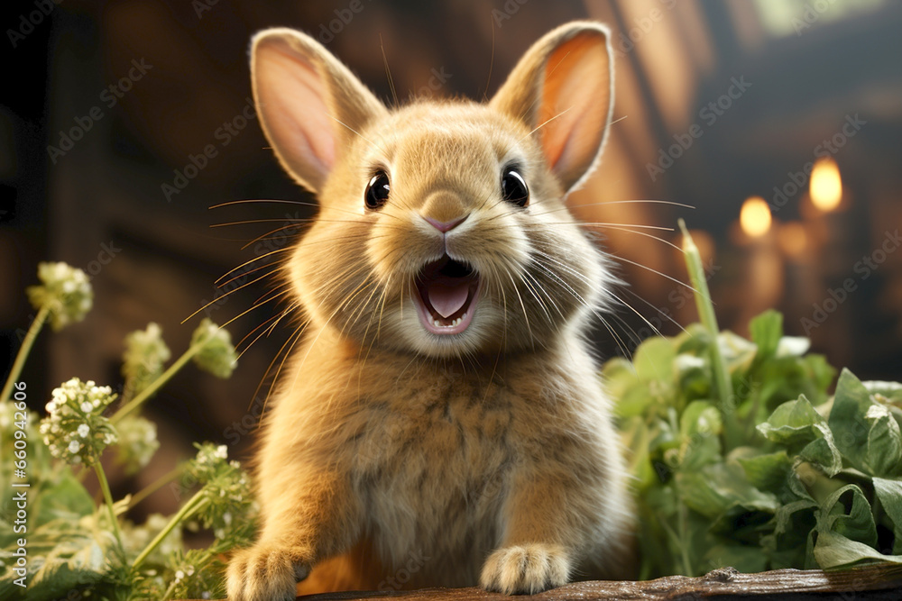Obraz premium cute small surprised rabbit in green grass
