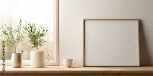 Breakfast still life. Cup of coffee, books and empty picture frame mockup on wooden desk, table. Vase with olive branches. Elegant working space, home office concept. Scandinavian inte : Generative AI