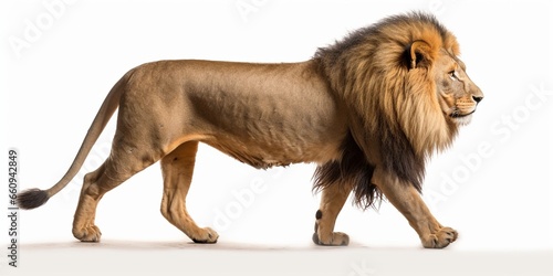 Side view of a Lion walking, looking at the camera, 10 years old, isolated on white : Generative AI photo