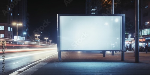 Illuminated blank billboard with copy space for your text message or promotional content, advertising mock up banner on bus stop in night, public information board with blurred vehicle : Generative AI photo