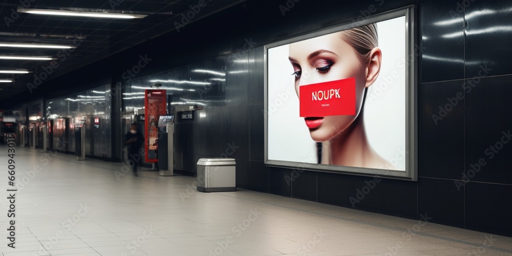 Indoor outdoor city light mall shop template. Blank billboard mock up in a subway station, underground interior. Urban light box inside advertisement metro airport vertical. : Generative AI - obrazy, fototapety, plakaty 