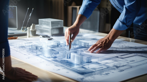 Team of architects and engineers study a blueprint of the future building