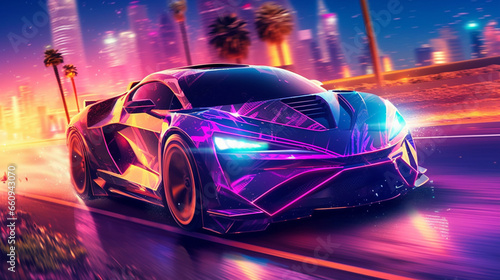 driving in the night, futuristic synth-wave car in purple neon colours