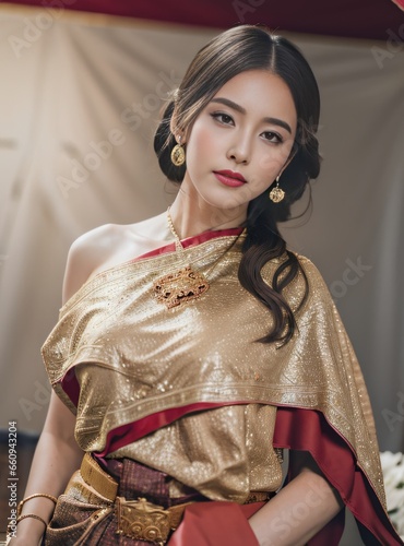 Beautiful, cute woman wearing Thai dress Copper color poses as a model