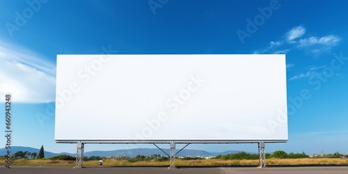 Mockup Large white blank billboard or white promotion poster displayed on the outdoor against the blue sky background. Promotion information for marketing announcements and details : Generative AI