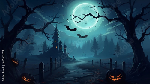 Graveyard cemetery to castle In Spooky scary dark Night full moon and bats on dead tree. Holiday event halloween banner background concept