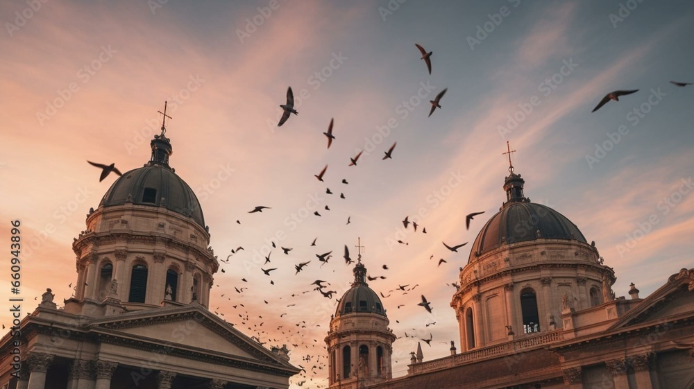Birds flying over historic building at sunset