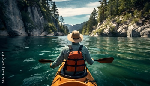 An idyllic scene featuring a man peacefully kayaking on the pristine waters of a stunningly beautiful lake surrounded by nature's tranquility. 