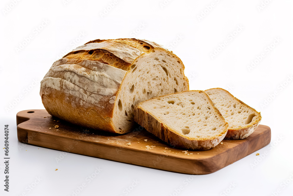Sliced bread on white background, homemade bakery concept.