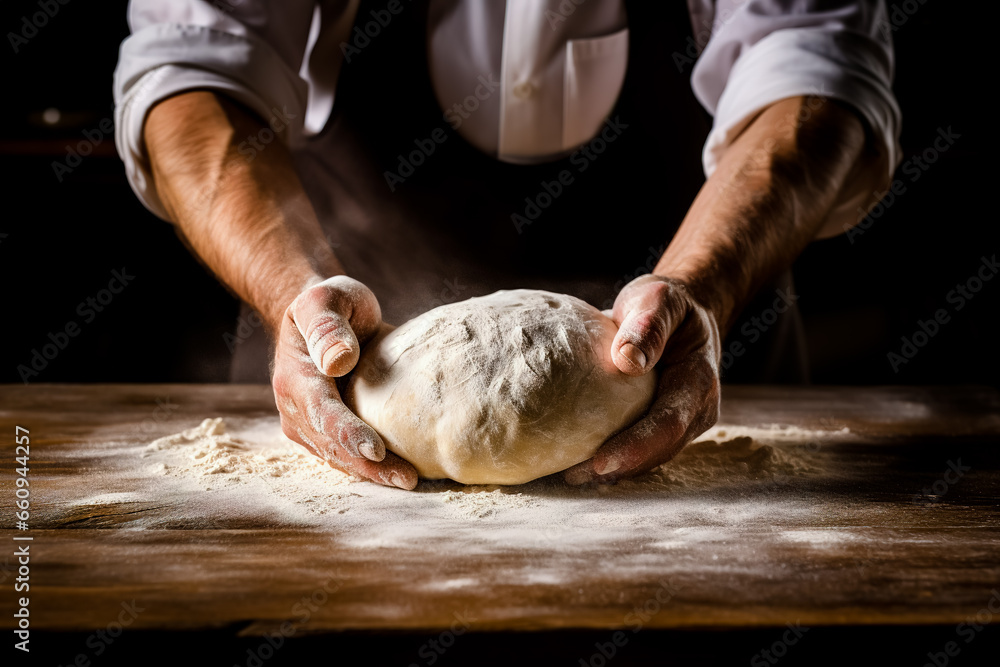 Males hands kneading dough on wooden table. Close up.
