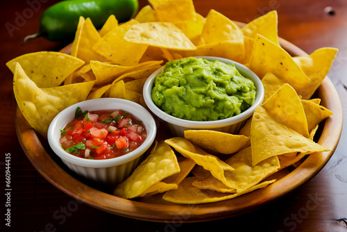 Guacamole, salsa and chips on a round platter.