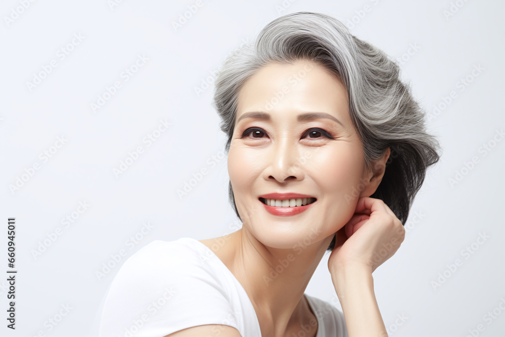 Beautiful Chinese woman face with smooth health skin for advertising design. Asian aging young looking woman, beauty health skincare and cosmetics advertisement commercial ad