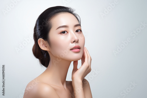 Chinese 30-40 years olg woman with smooth healthy face skin. Skincare commercial portrait. Asian Korean or Japanese woman touch face. Beauty and cosmetics skincare advertising concept.