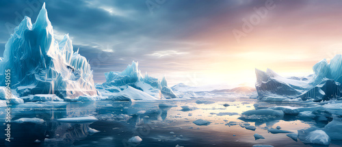 Glacier in ocean. Large icebergs in water. Frozen ice background. Panoramic arctic landscapes. Generative ai.
