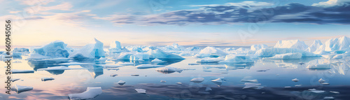 Glacier in ocean. Large icebergs in water. Frozen ice background. Panoramic arctic landscapes. Generative ai.