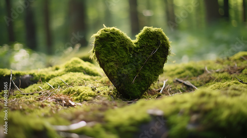 Forest dig cemetery, funeral background - Closeup of wooden heart on moss. Natural burial grave in the woods