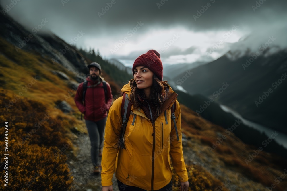 people climb the mountains along a mountain path. men and women in modern outfits of bright colors walk through the mountainous area. travel and tourism people climb the mountains along a mountain path. men and women in modern outfits of bright colors walk through the mountainous area. travel and tourism