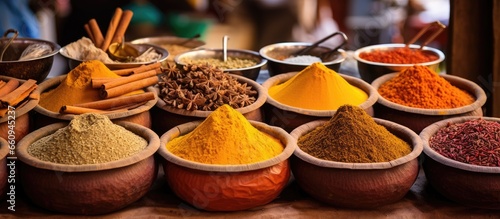 Spices from India at Anjuna market With copyspace for text