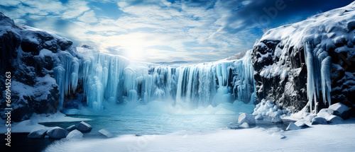 Frozen waterfall. Winter landscape with Large icebergs  ice icicle. Panoramic arctic view. Harsh snowy  ice wonderland. Fantasy art concept. Generative ai