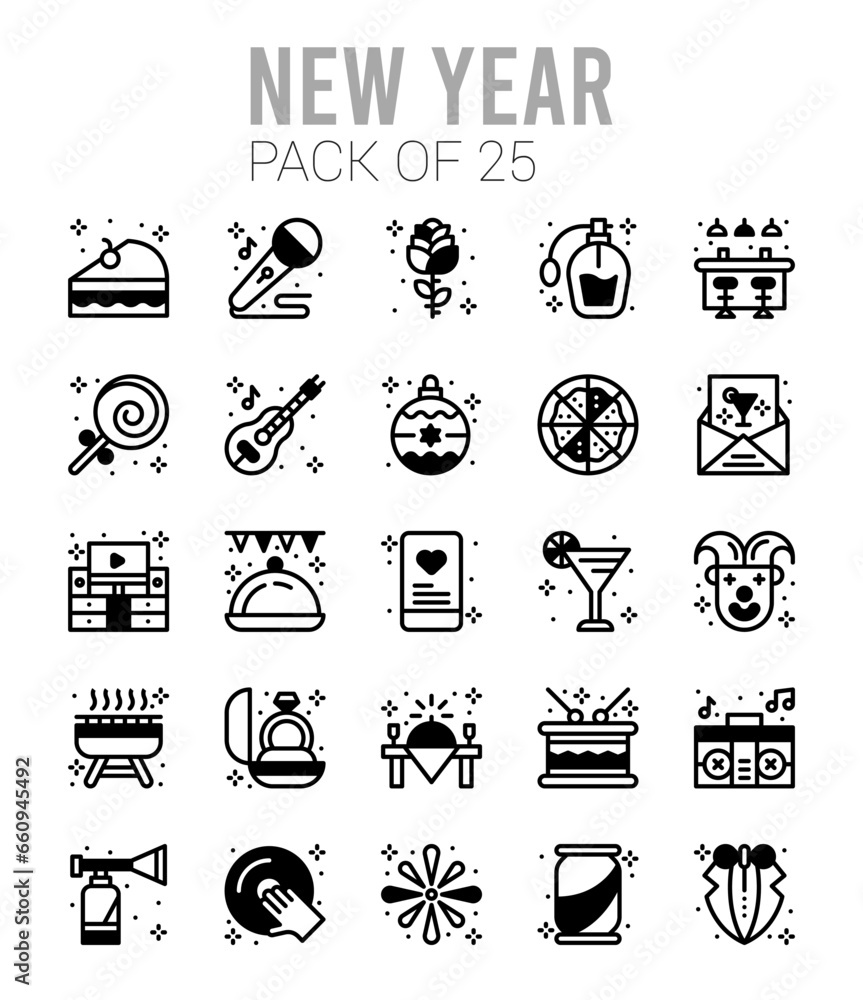 Naklejka premium 25 New Year Lineal Fill icons Pack vector illustration.
