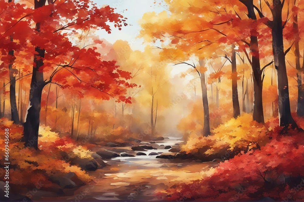 Autumn forest landscape Colorful watercolor painting of fall season Red and yellow trees Beautiful 