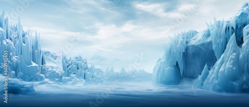 Frozen waterfall. Winter landscape with Large icebergs, ice,icicle. Panoramic arctic view. Harsh snowy, ice wonderland. Fantasy art concept. Generative ai photo