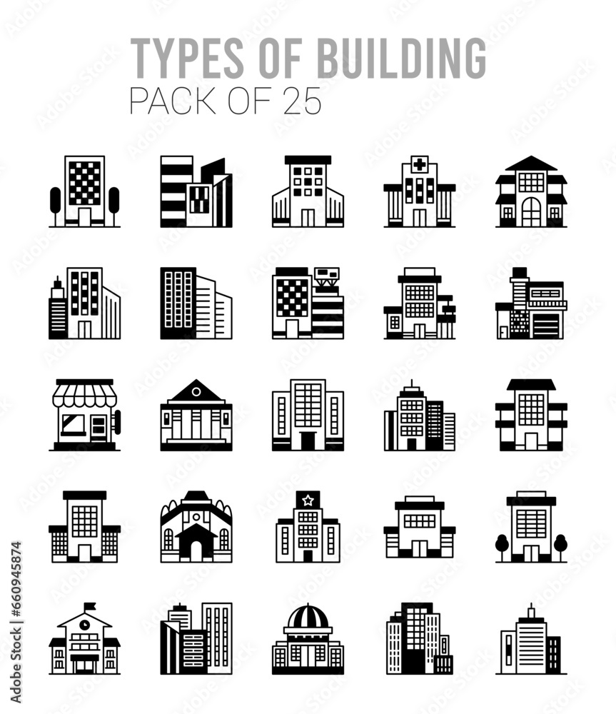 25 Types of Building Lineal Fill icons Pack vector illustration.