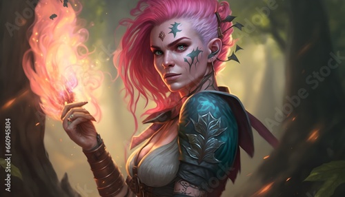 semirealistic girl with tatoo elf pink hair fire magic full body in fighting in forest  photo