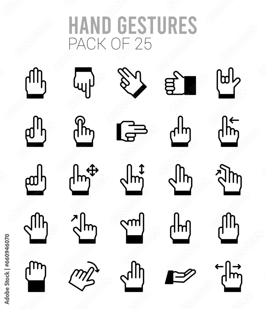 25 Hand Gestures Lineal Fill icons Pack vector illustration. 25 Hand Gestures Lineal Fill icons Pack vector illustration.